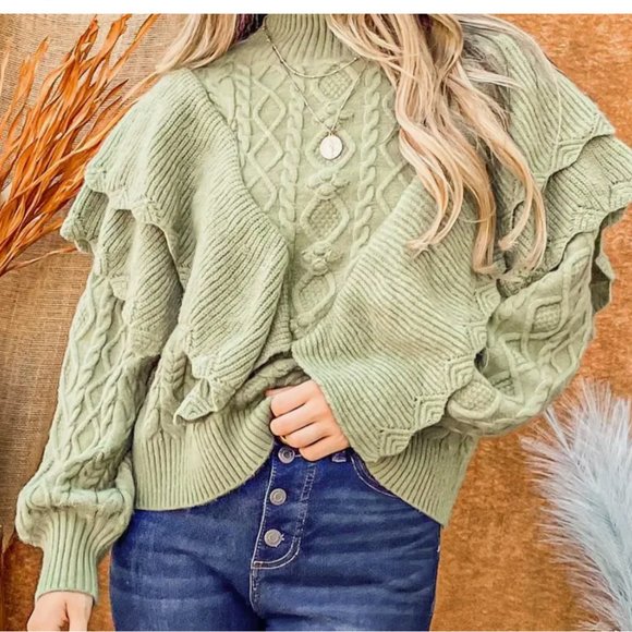 Olive Ruffled Detail Sweater - Picture 1 of 2